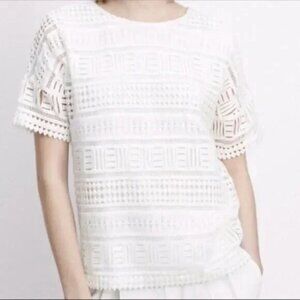 Vince Geometric Lace Crochet Top Short Sleeve Lined 100% Cotton White